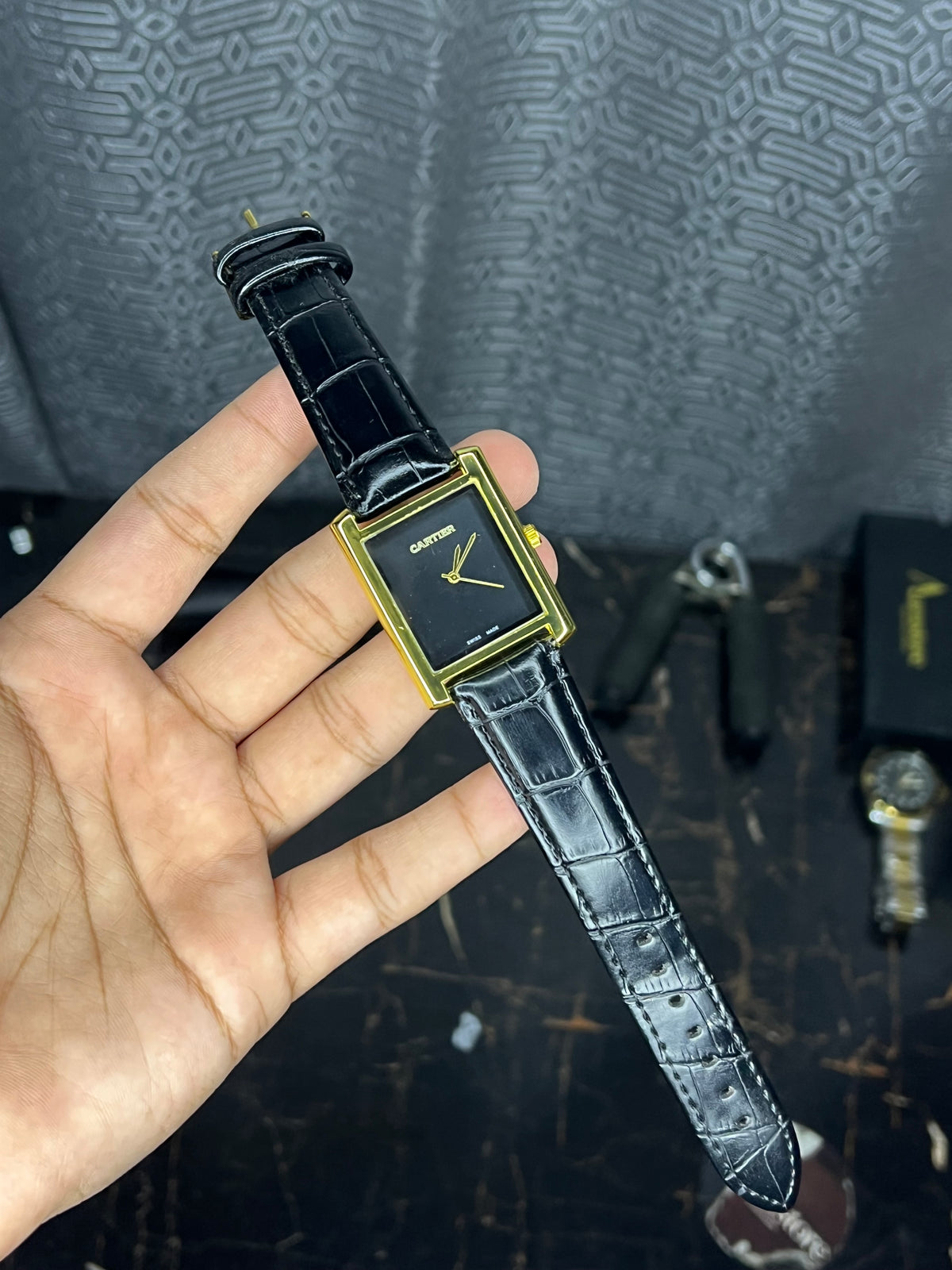 Cartier Tank Leather Golden Dial - Black Strap Watch