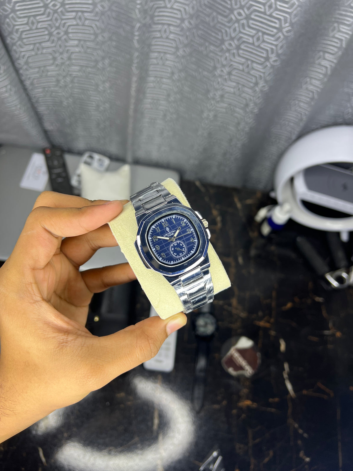 Crystal Silver Chain Square Dial ( Blue Dial )