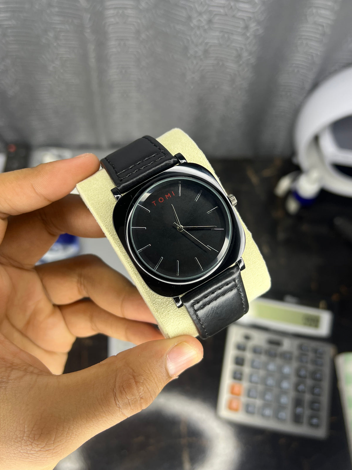 Tomi Jet Black Leather Strap Stainless Steel Dial