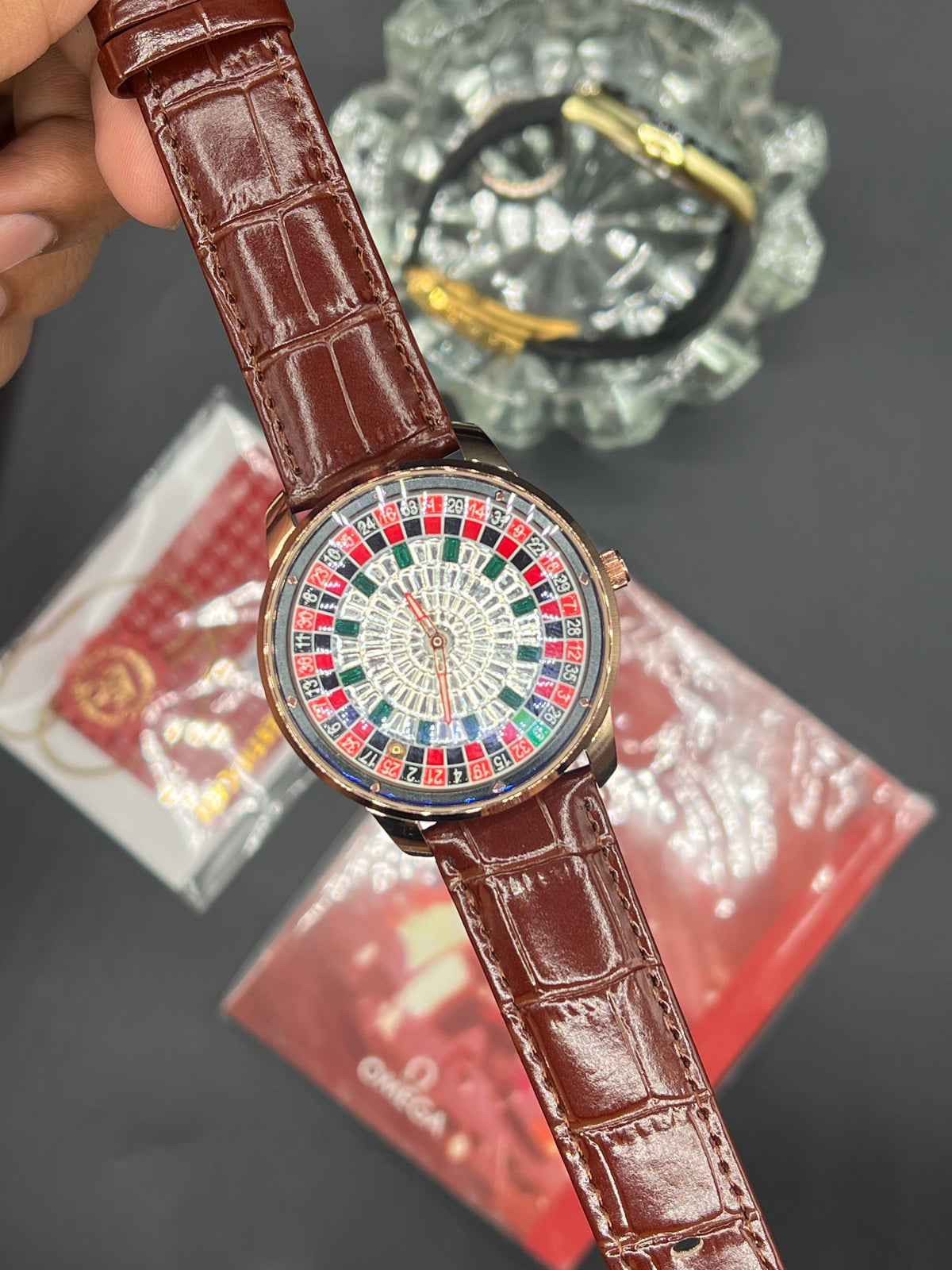 Brown Casino Leather Strap Watch ( Rosegold Dial )