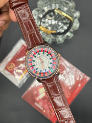 Brown Casino Leather Strap Watch ( Rosegold Dial )