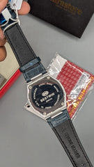 Best Win Blue-Silver Leather Strap Watch