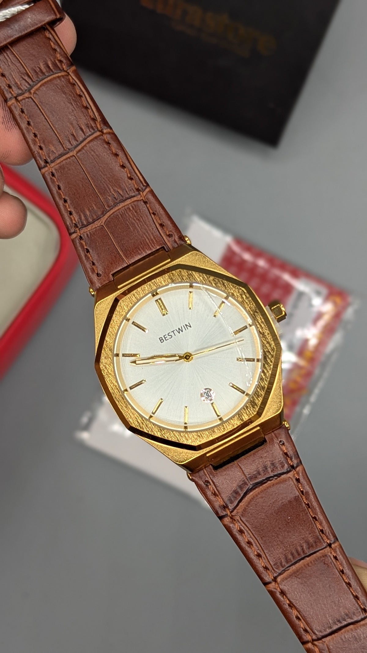 BestWin Brown-Gold Leather Strap Watch