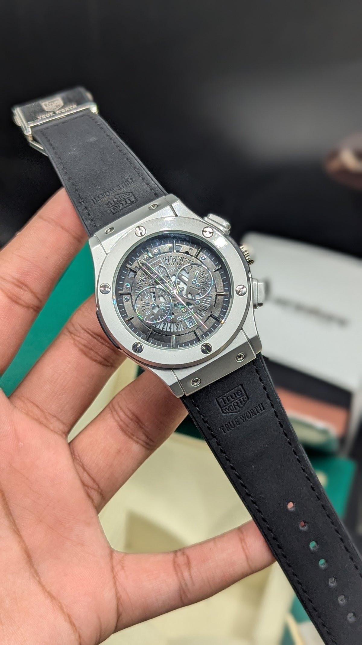 Leather Strap Quartz Premium Watch | Skeleton Dial With Date