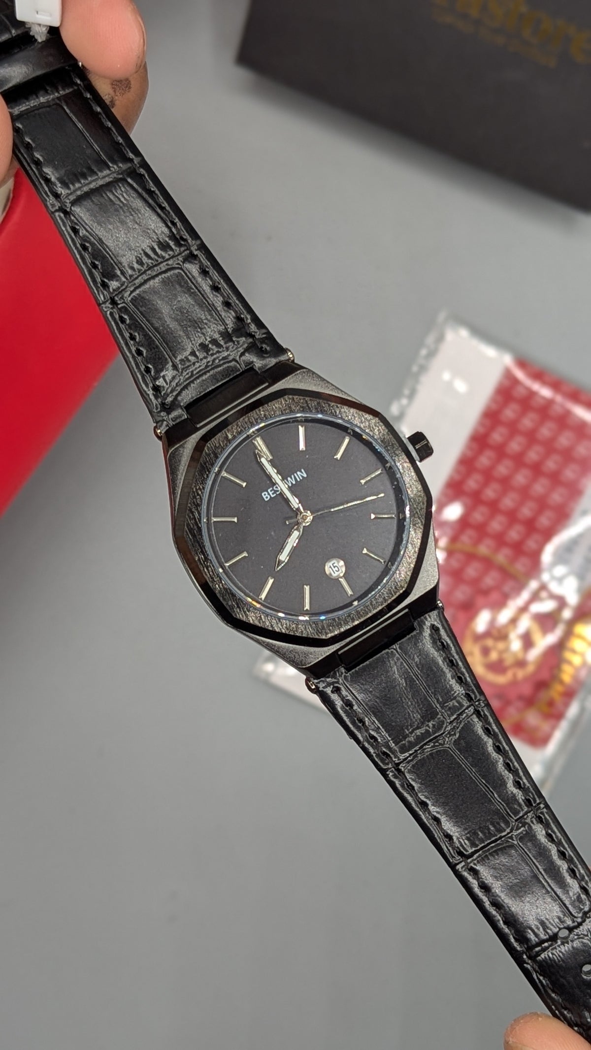 BestWin Full Black Leather Strap Watch