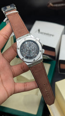 Leather Strap Quartz Premium Watch | Skeleton Dial With Date