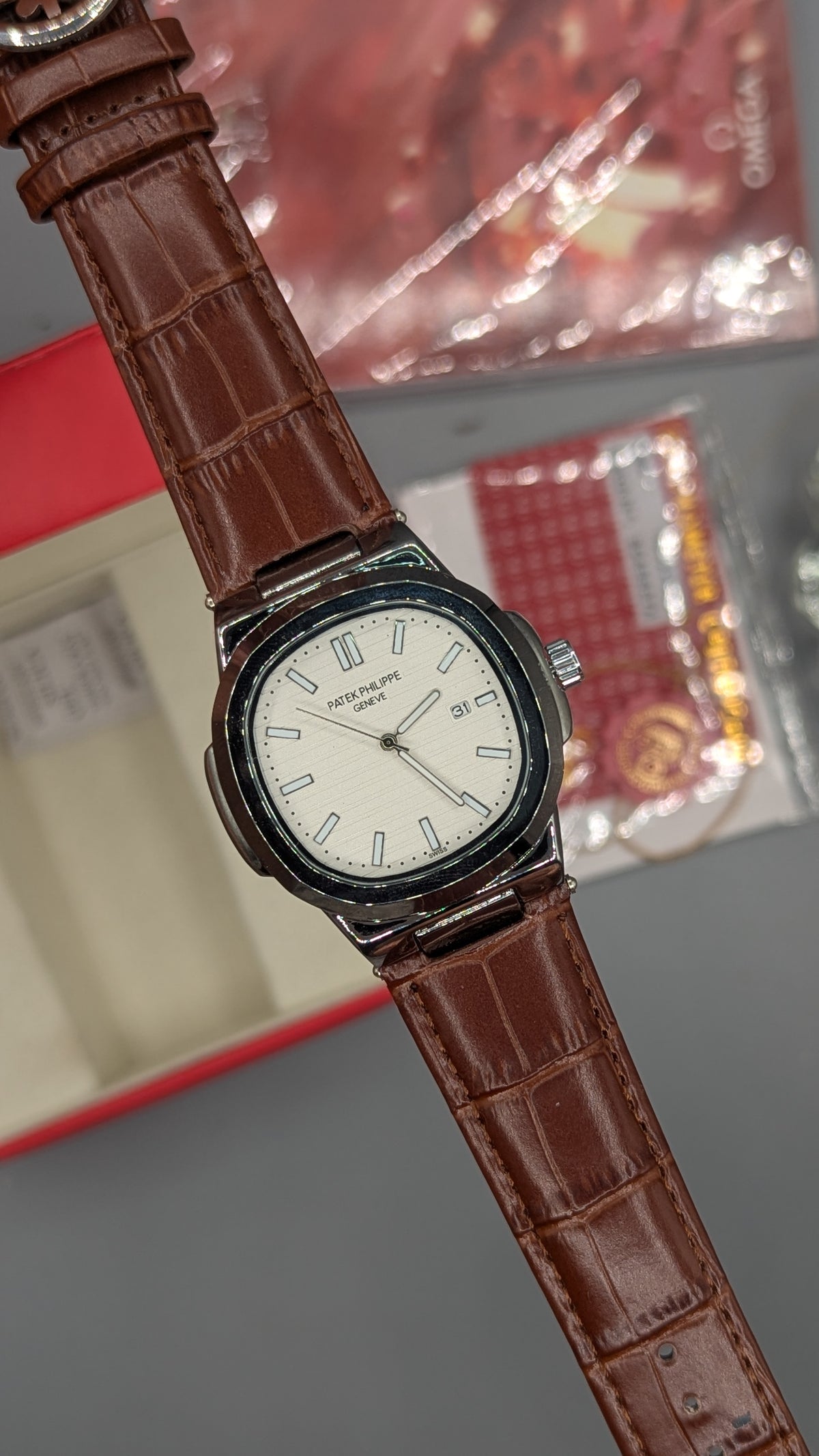 Patek Nautilus Leather Strap Master Lock - Brown-White