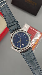 Best Win Blue-Silver Leather Strap Watch
